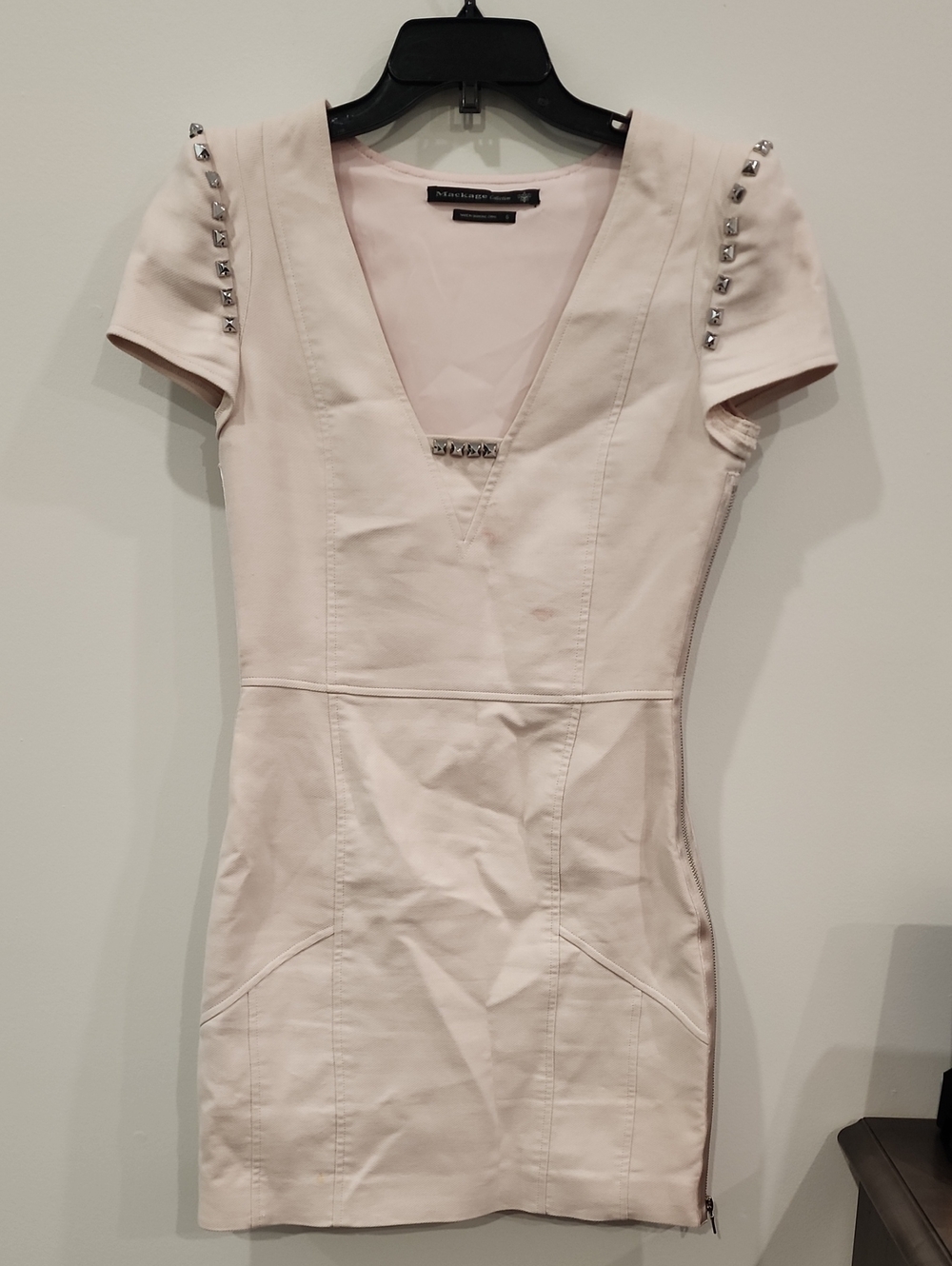 Mackage Pale Pink Studded V-Neck Mini Dress